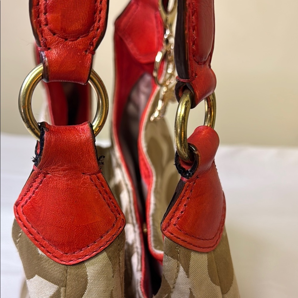 Coach Tan and Orange Signature Monogram Bag featuring Carriage logo on front. - Picture 13 of 16